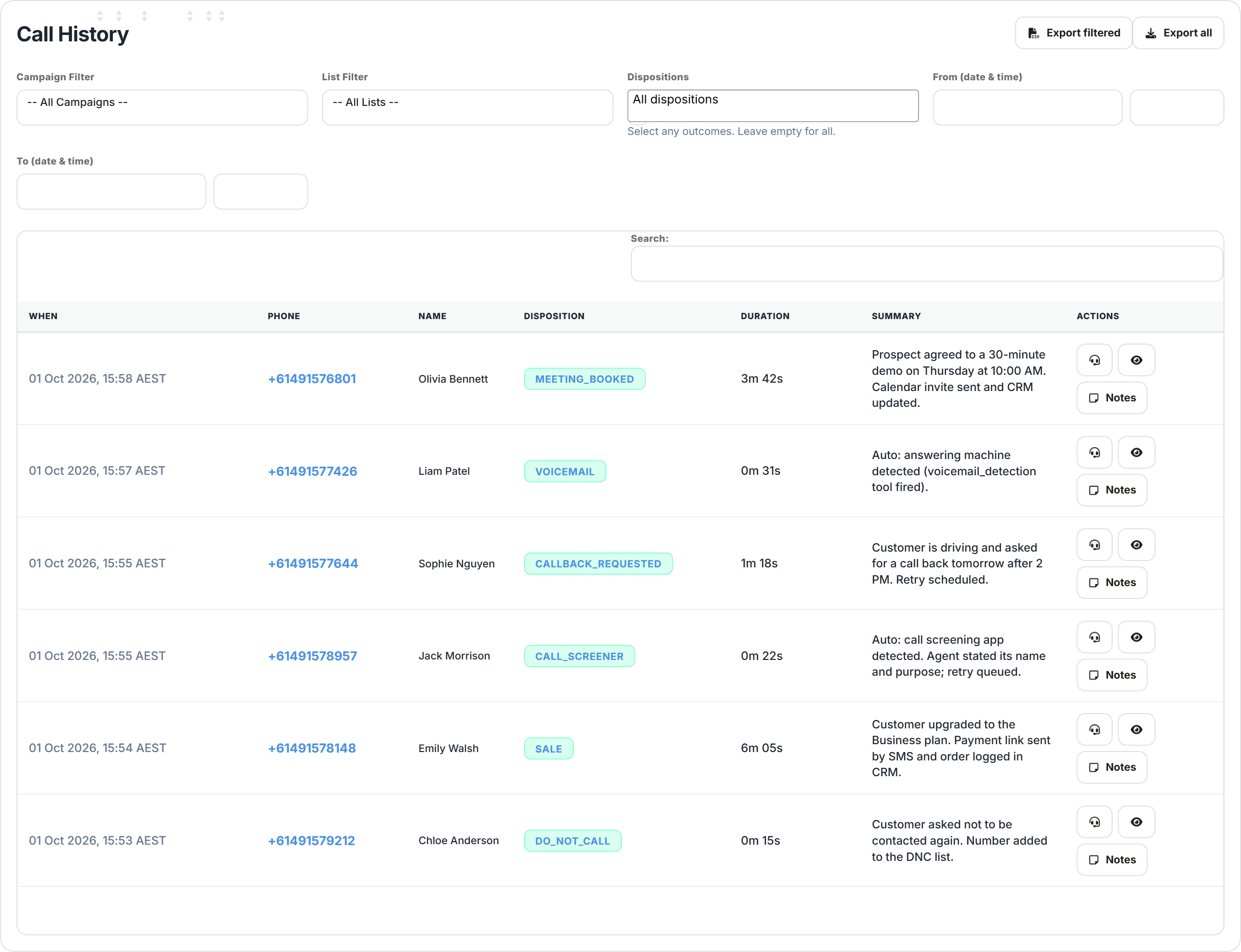 Call Platform outbound Call History page with filters, dispositions, AI call summaries, recordings and notes